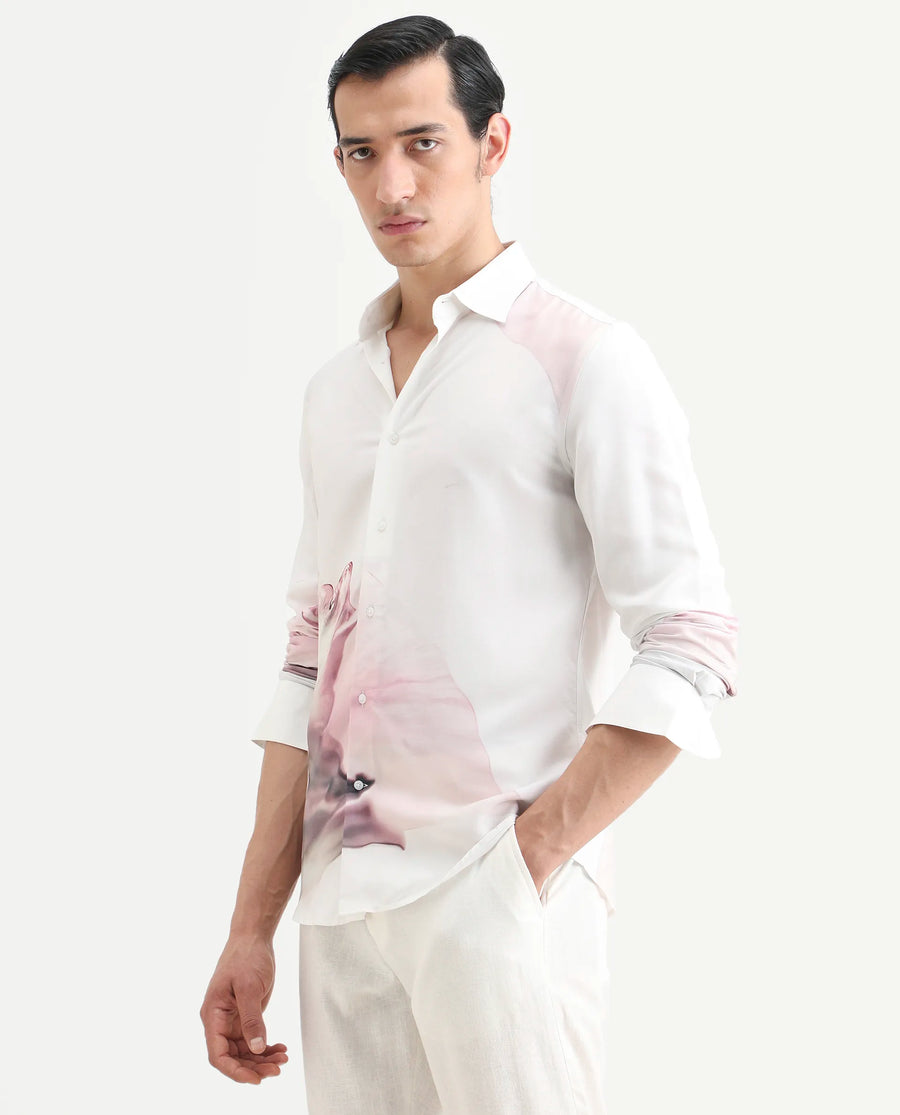 Rare Rabbit Men's Tavi White Viscose Floral Print Regular Fit Full Sleeve Collared Shirt