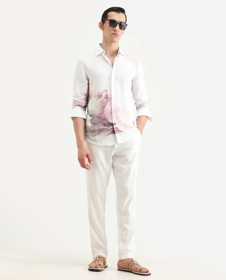 Rare Rabbit Men's Tavi White Viscose Floral Print Regular Fit Full Sleeve Collared Shirt