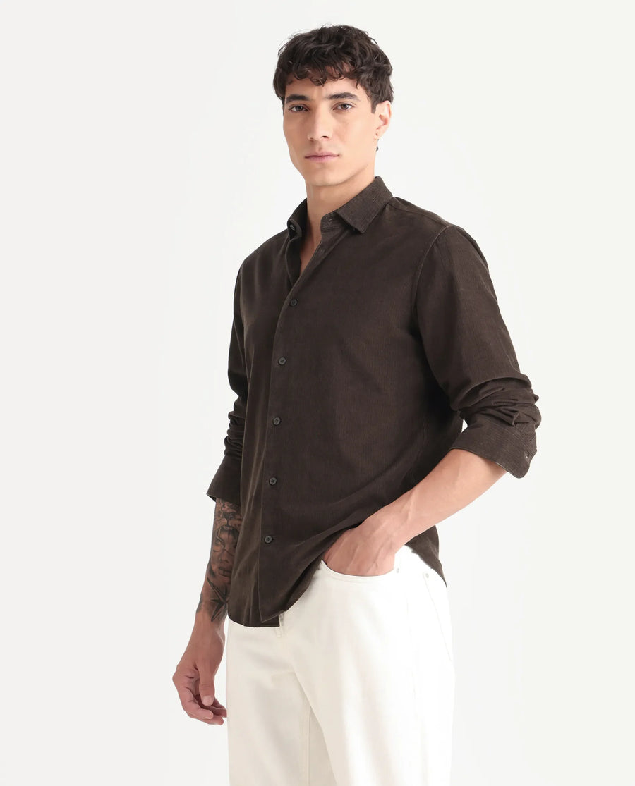 Rare Rabbit Men's Buita Dark Brown Cotton Plain Regular Fit Full Sleeve Collared Shirt