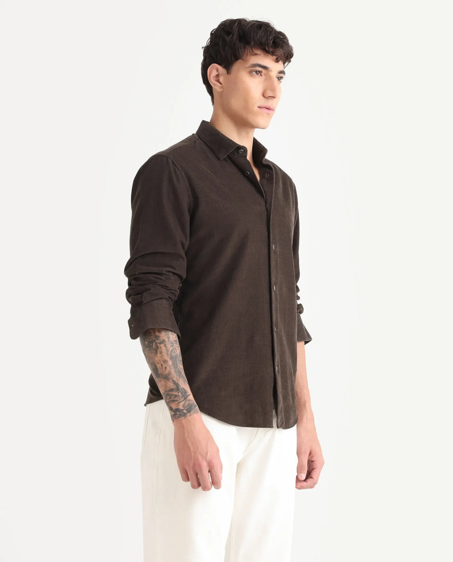 Rare Rabbit Men's Buita Dark Brown Cotton Plain Regular Fit Full Sleeve Collared Shirt