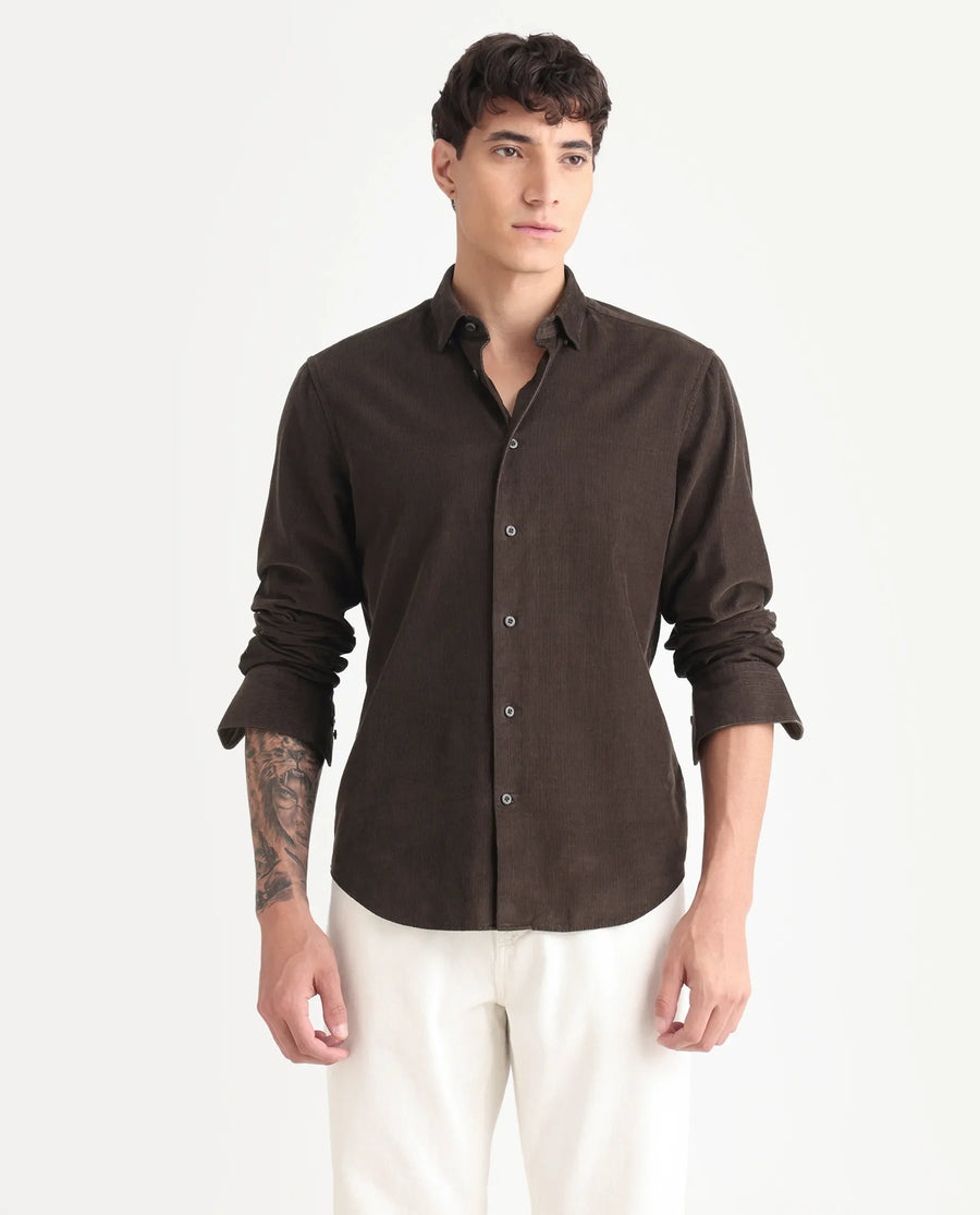 Rare Rabbit Men's Buita Dark Brown Cotton Plain Regular Fit Full Sleeve Collared Shirt