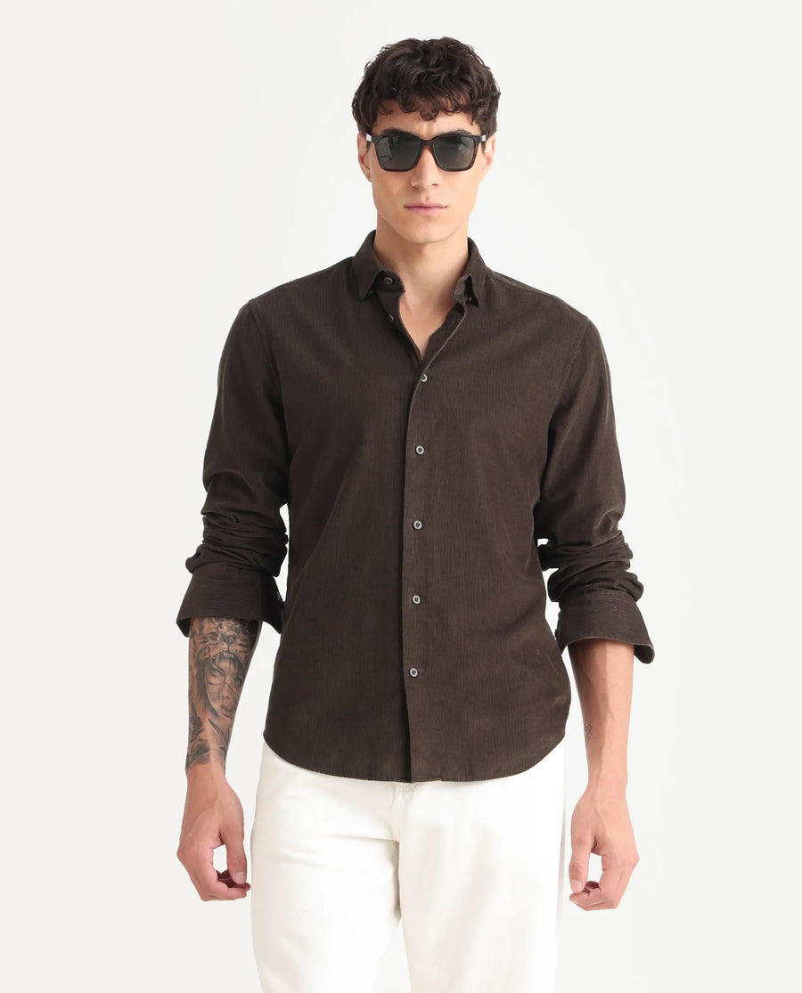 Rare Rabbit Men's Buita Dark Brown Cotton Plain Regular Fit Full Sleeve Collared Shirt