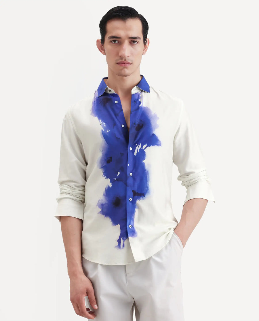 Rare Rabbit Men's Zeno Off White Cotton Blend Floral Print Regular Fit Full Sleeve Collared Shirt