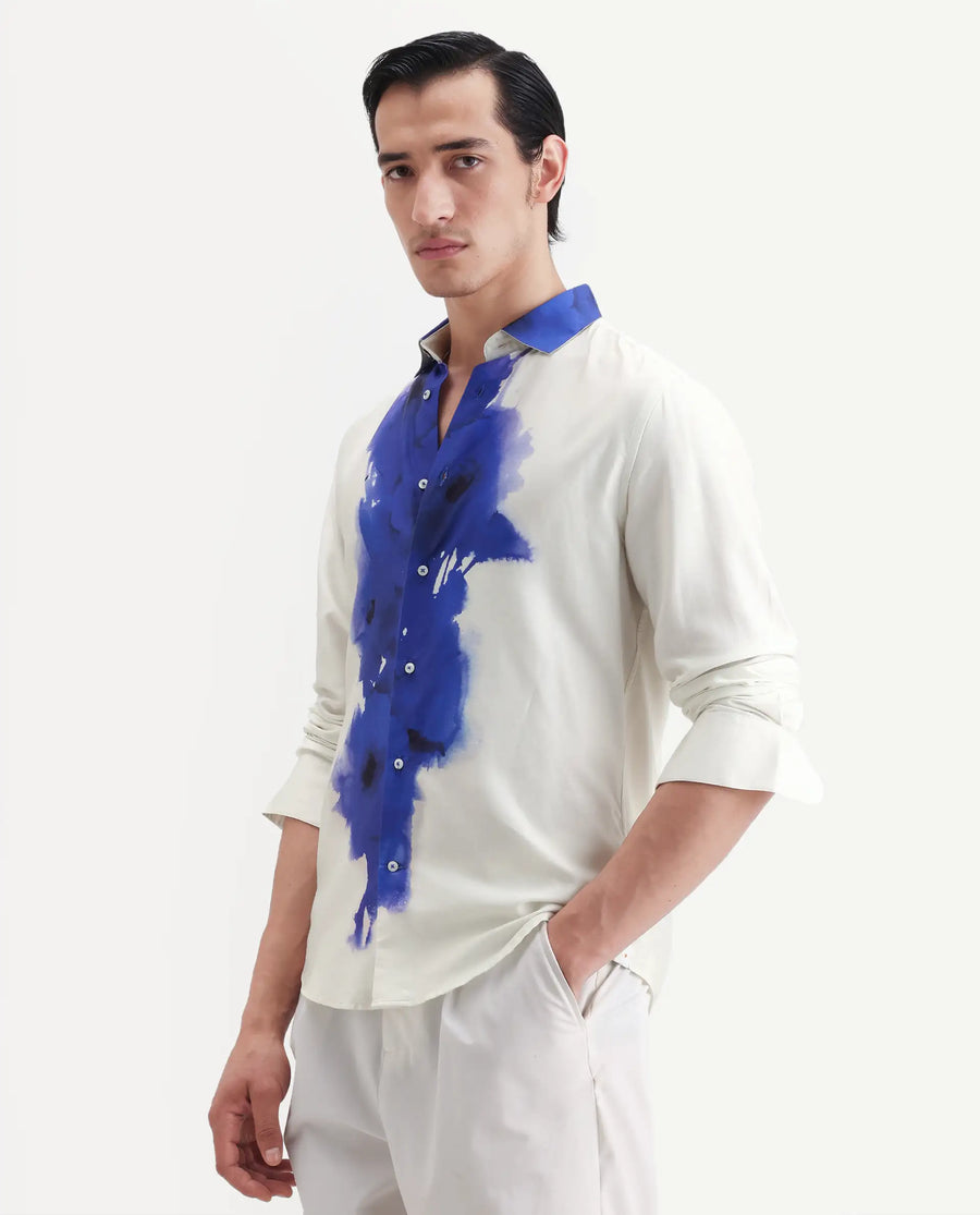 Rare Rabbit Men's Zeno Off White Cotton Blend Floral Print Regular Fit Full Sleeve Collared Shirt