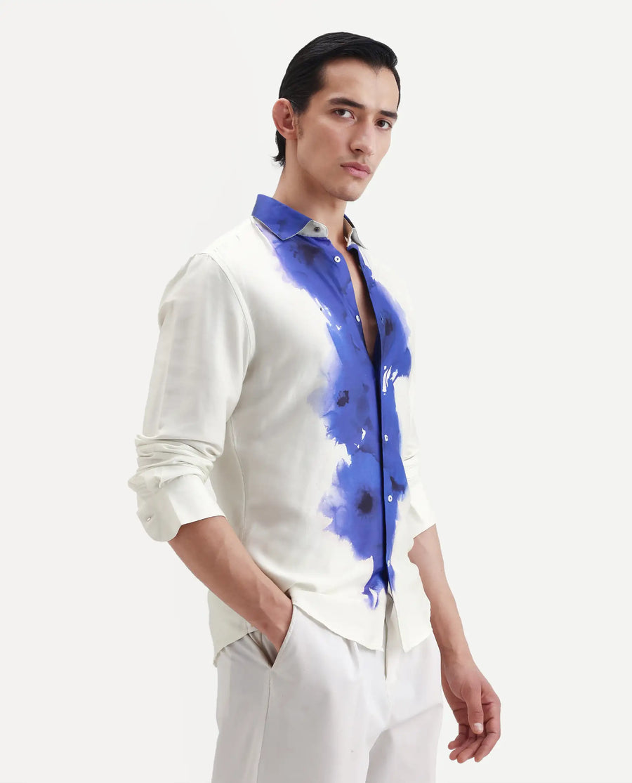 Rare Rabbit Men's Zeno Off White Cotton Blend Floral Print Regular Fit Full Sleeve Collared Shirt