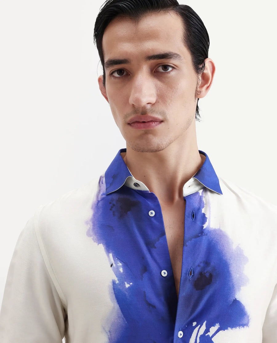 Rare Rabbit Men's Zeno Off White Cotton Blend Floral Print Regular Fit Full Sleeve Collared Shirt