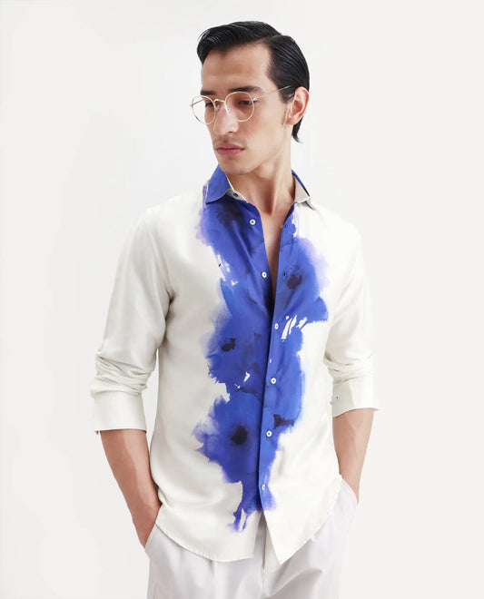 Rare Rabbit Men's Zeno Off White Cotton Blend Floral Print Regular Fit Full Sleeve Collared Shirt