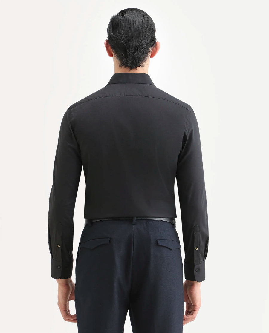 Rare Rabbit Men's Newton 25 Black Cotton Blend Plain Regular Fit Full Sleeve Collared Shirt