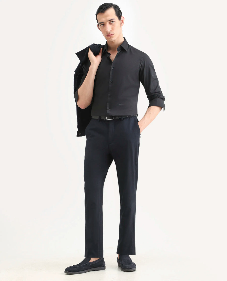 Rare Rabbit Men's Newton 25 Black Cotton Blend Plain Regular Fit Full Sleeve Collared Shirt
