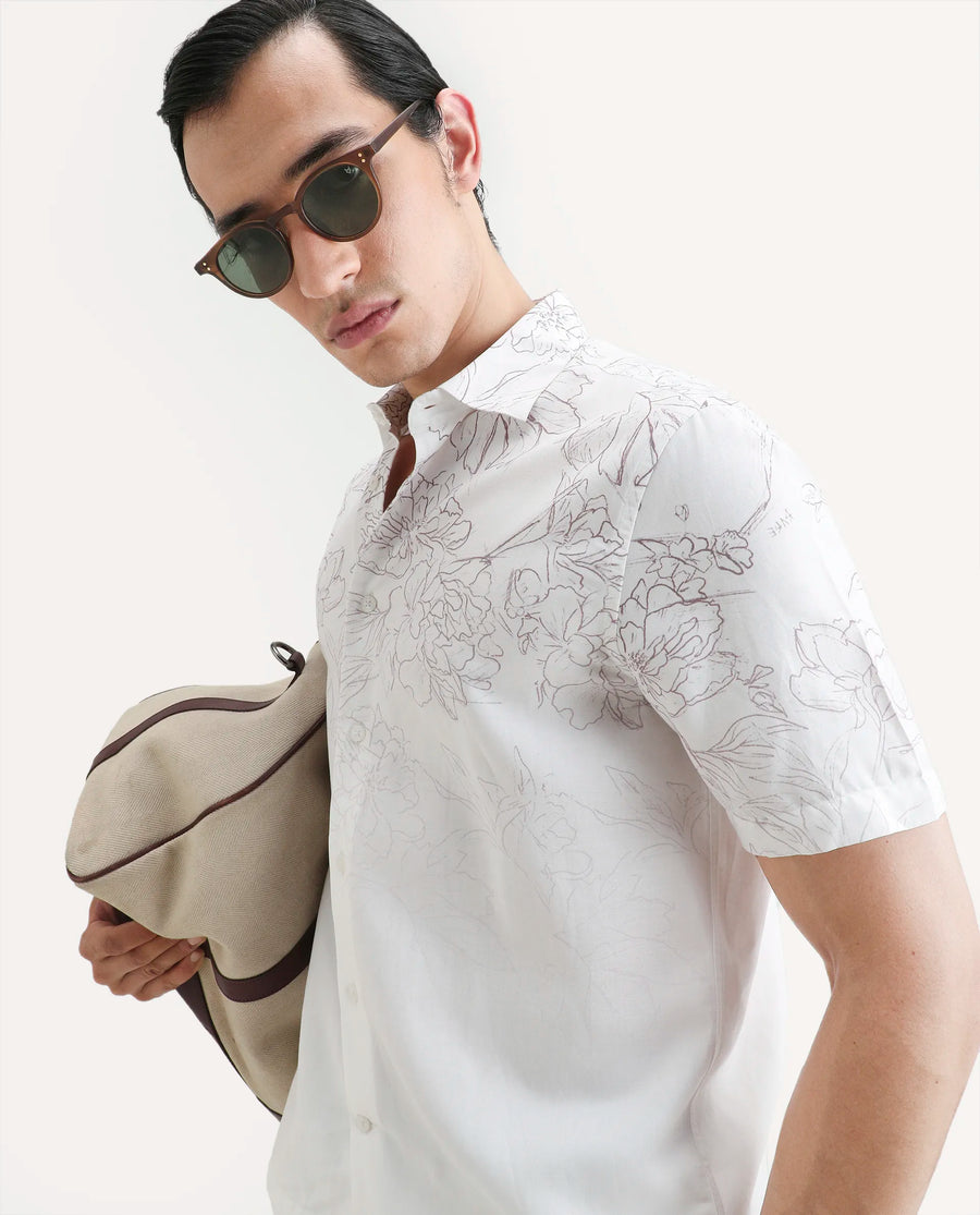 Rare Rabbit Men's Skew White Cotton Blend Floral Print Regular Fit Half Sleeve Collared Shirt