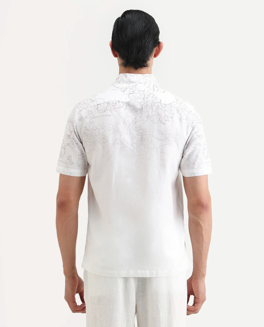 Rare Rabbit Men's Skew White Cotton Blend Floral Print Regular Fit Half Sleeve Collared Shirt