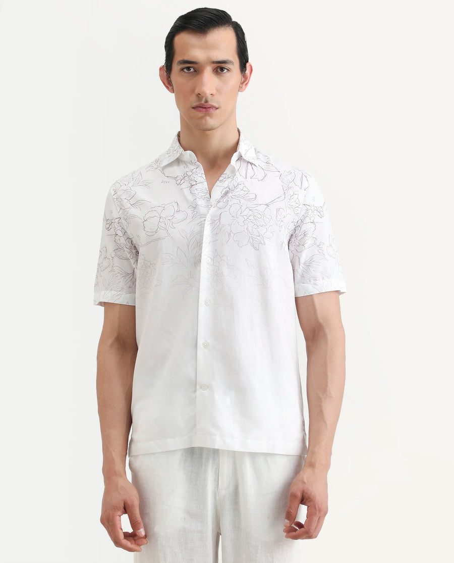 Rare Rabbit Men's Skew White Cotton Blend Floral Print Regular Fit Half Sleeve Collared Shirt