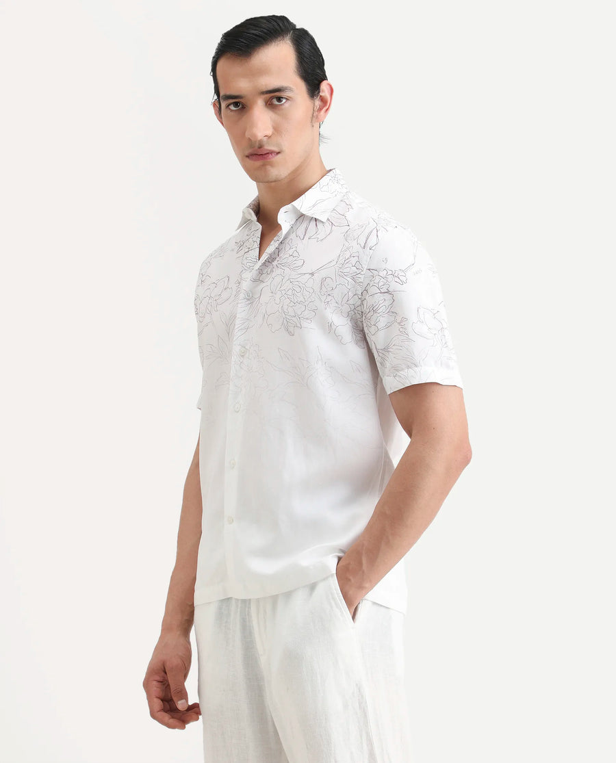 Rare Rabbit Men's Skew White Cotton Blend Floral Print Regular Fit Half Sleeve Collared Shirt