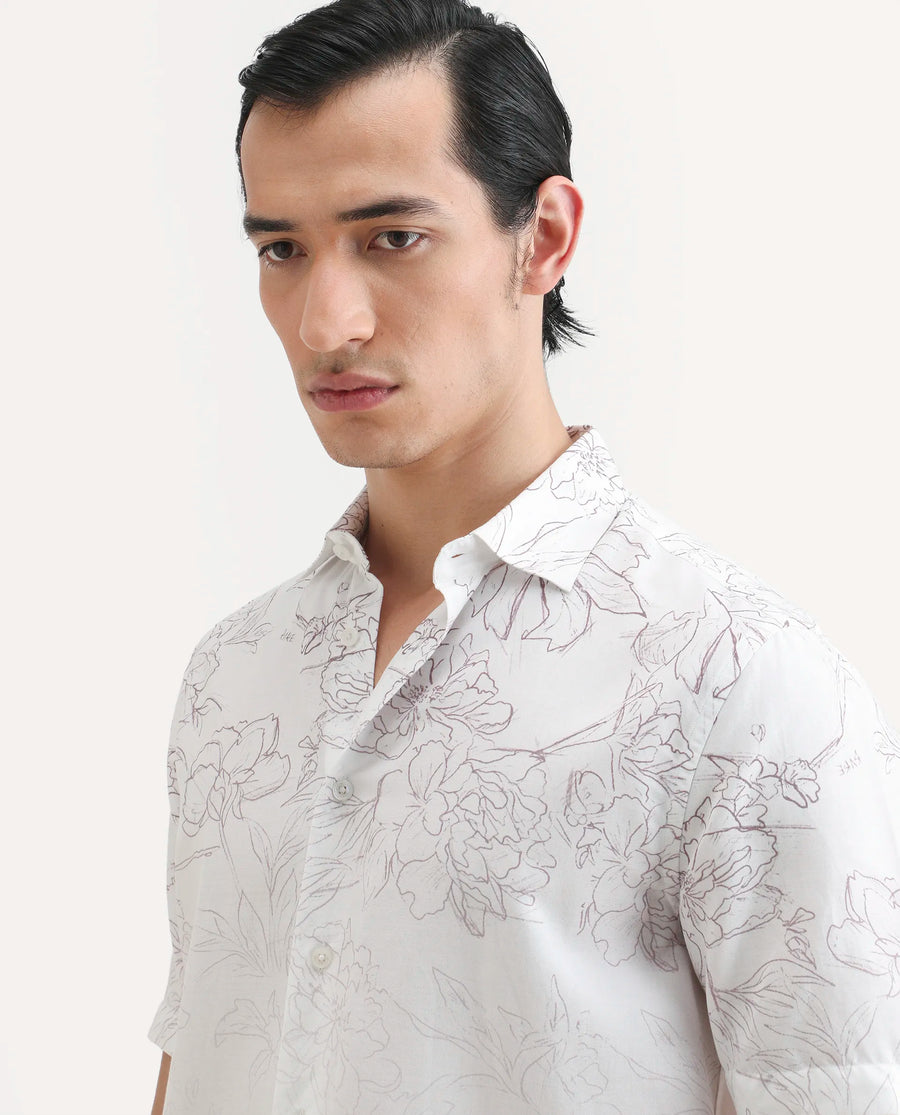 Rare Rabbit Men's Skew White Cotton Blend Floral Print Regular Fit Half Sleeve Collared Shirt