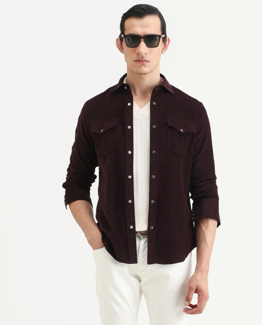 Rare Rabbit Men's Cord Dark Maroon Cotton Fabric Collared Neck Regular Fit Plain Shirt