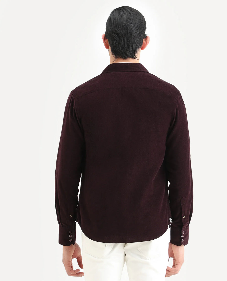 Rare Rabbit Men's Cord Dark Maroon Cotton Fabric Collared Neck Regular Fit Plain Shirt