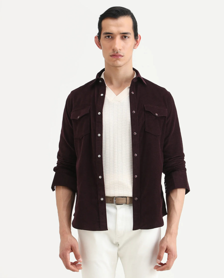 Rare Rabbit Men's Cord Dark Maroon Cotton Fabric Collared Neck Regular Fit Plain Shirt