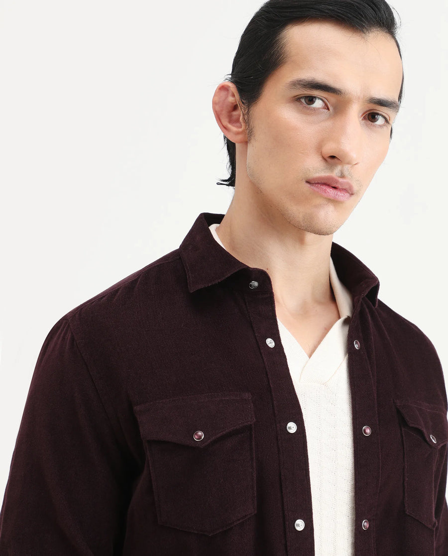 Rare Rabbit Men's Cord Dark Maroon Cotton Fabric Collared Neck Regular Fit Plain Shirt