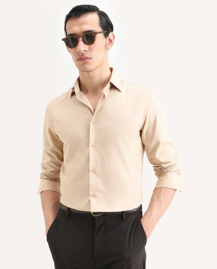 Rare Rabbit Men's Gunjo 25 Beige Polyester Blend Plain Regular Fit Full Sleeve Collared Shirt