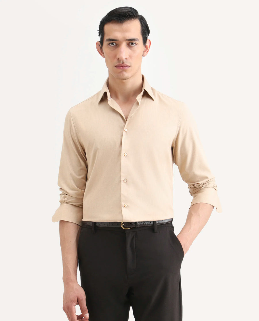 Rare Rabbit Men's Gunjo 25 Beige Polyester Blend Plain Regular Fit Full Sleeve Collared Shirt