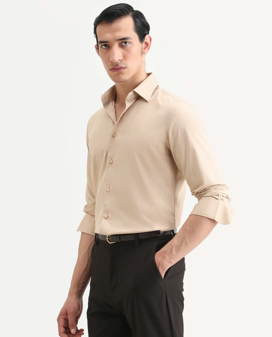 Rare Rabbit Men's Gunjo 25 Beige Polyester Blend Plain Regular Fit Full Sleeve Collared Shirt
