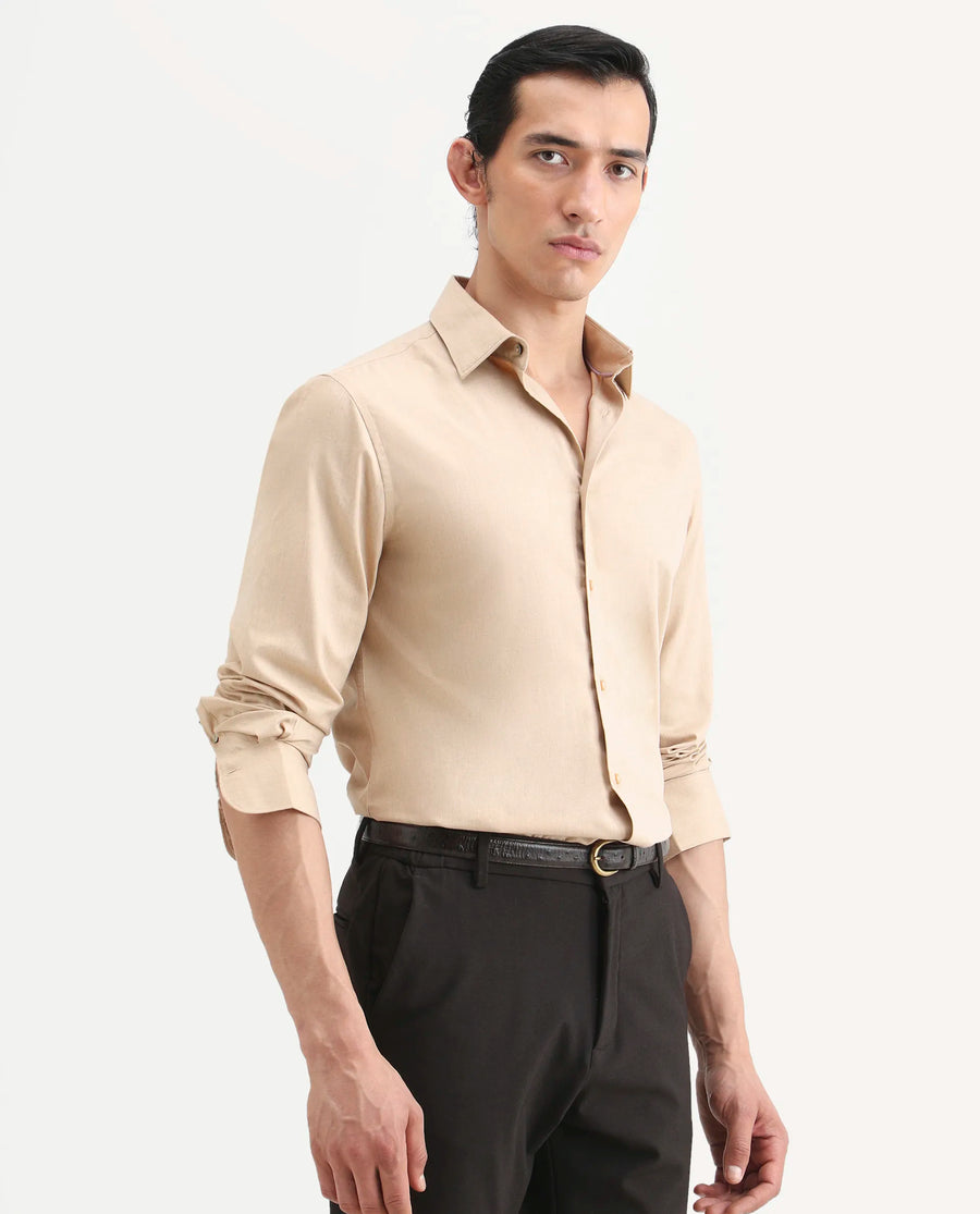 Rare Rabbit Men's Gunjo 25 Beige Polyester Blend Plain Regular Fit Full Sleeve Collared Shirt