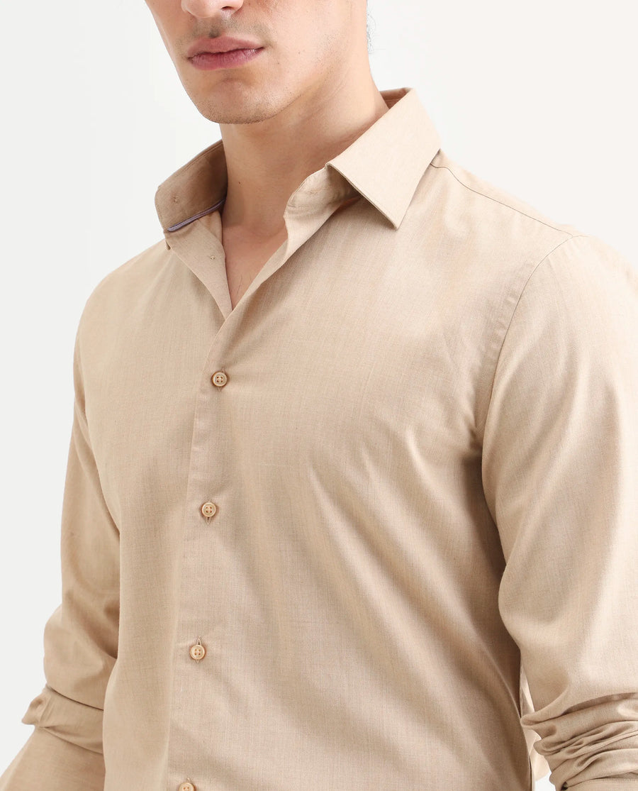 Rare Rabbit Men's Gunjo 25 Beige Polyester Blend Plain Regular Fit Full Sleeve Collared Shirt