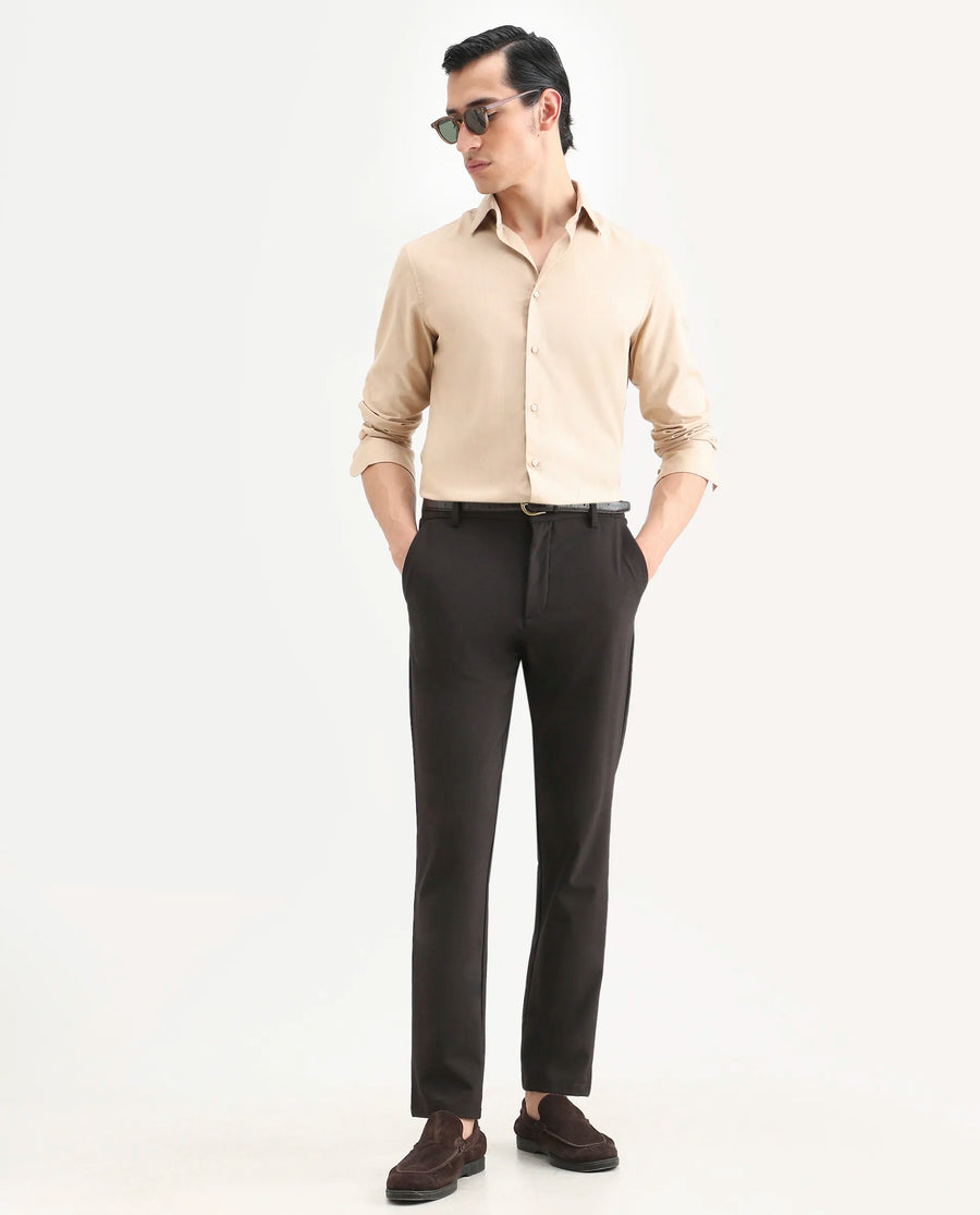 Rare Rabbit Men's Gunjo 25 Beige Polyester Blend Plain Regular Fit Full Sleeve Collared Shirt