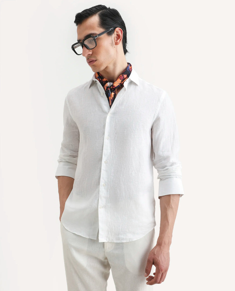 Rare Rabbit Men's Mavi White Linen Plain Regular Fit Full Sleeve Collared Shirt