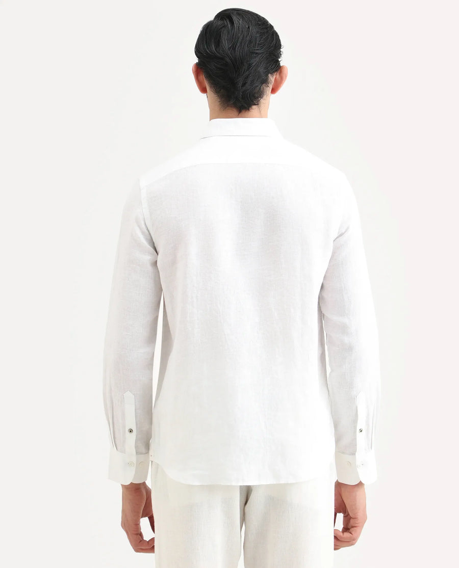 Rare Rabbit Men's Mavi White Linen Plain Regular Fit Full Sleeve Collared Shirt
