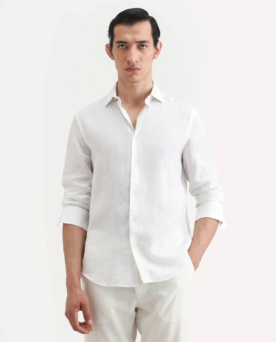 Rare Rabbit Men's Mavi White Linen Plain Regular Fit Full Sleeve Collared Shirt
