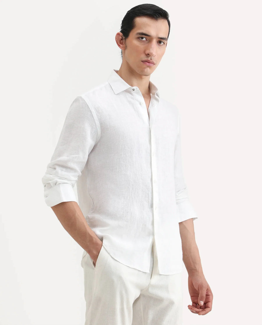Rare Rabbit Men's Mavi White Linen Plain Regular Fit Full Sleeve Collared Shirt