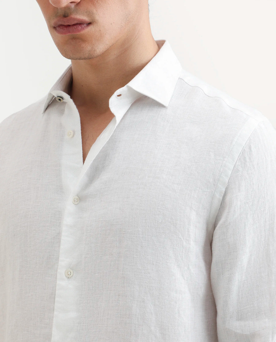 Rare Rabbit Men's Mavi White Linen Plain Regular Fit Full Sleeve Collared Shirt