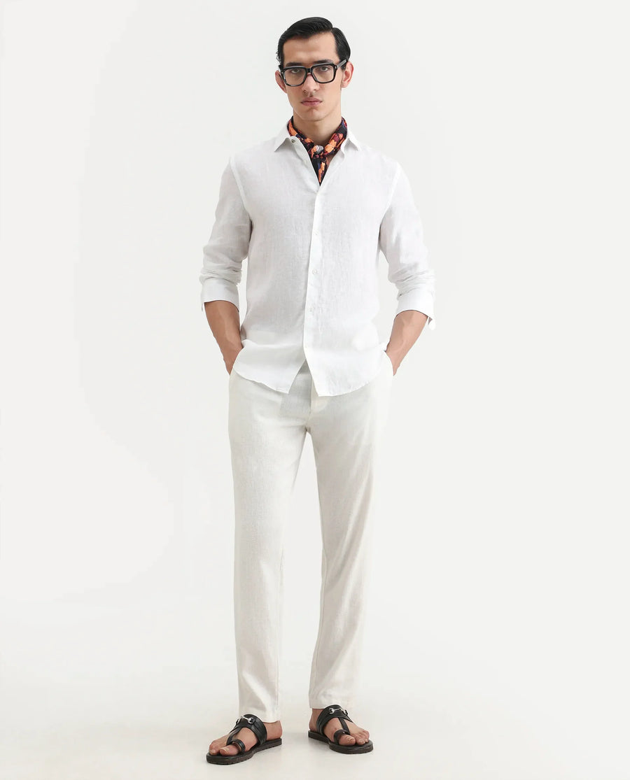 Rare Rabbit Men's Mavi White Linen Plain Regular Fit Full Sleeve Collared Shirt