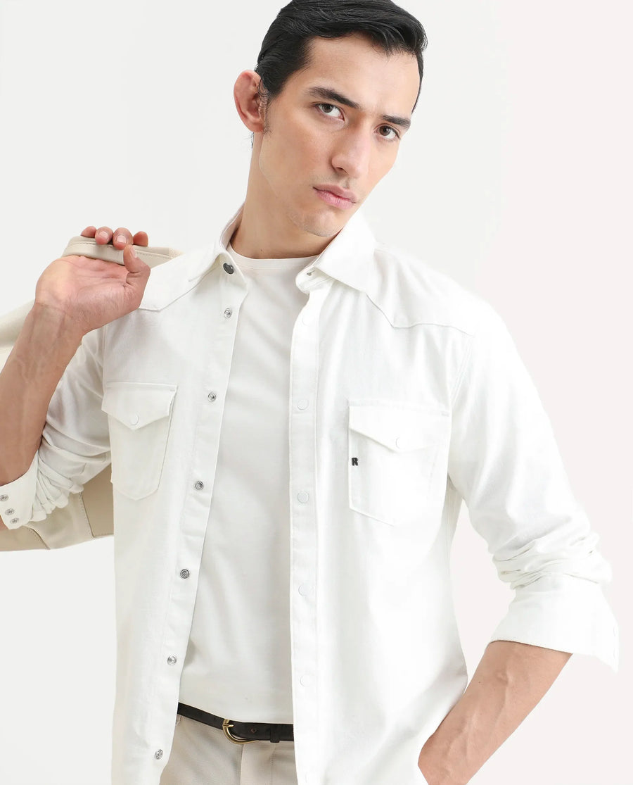 Rare Rabbit Men's Taison-25 White Cotton Plain Regular Fit Full Sleeve Collared Shirt