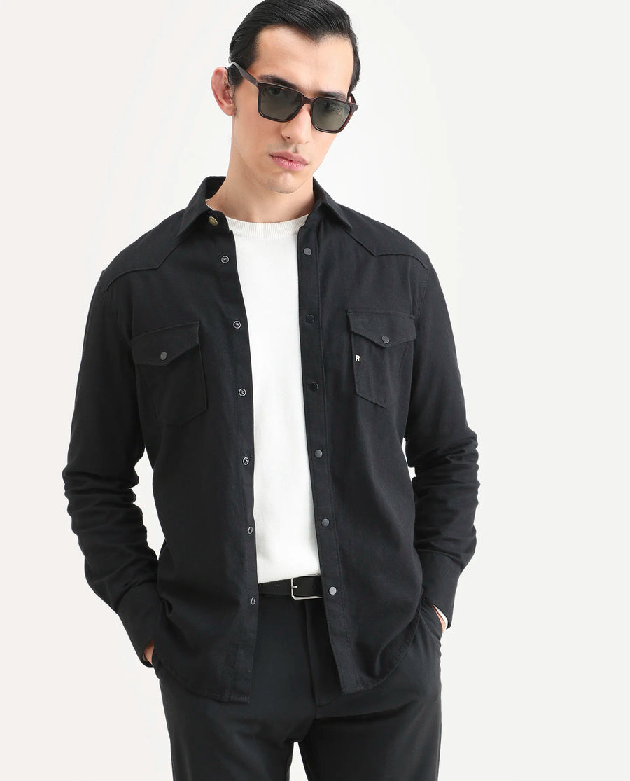 Rare Rabbit Men's Taison-25 Black Cotton Plain Regular Fit Full Sleeve Collared Shirt