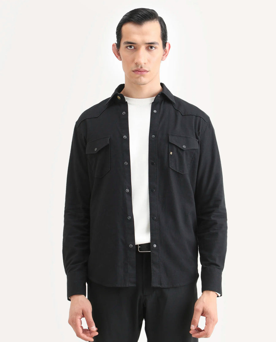 Rare Rabbit Men's Taison-25 Black Cotton Plain Regular Fit Full Sleeve Collared Shirt