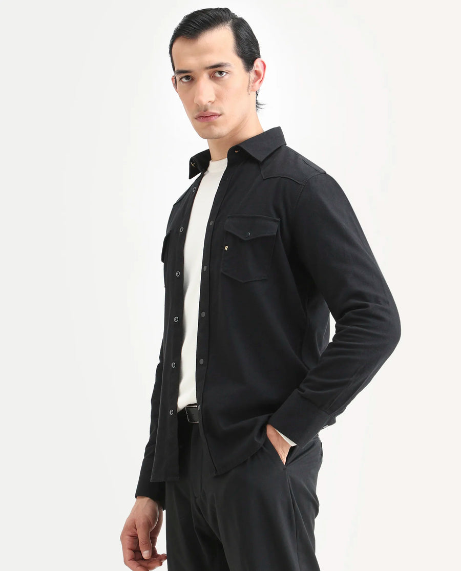 Rare Rabbit Men's Taison-25 Black Cotton Plain Regular Fit Full Sleeve Collared Shirt