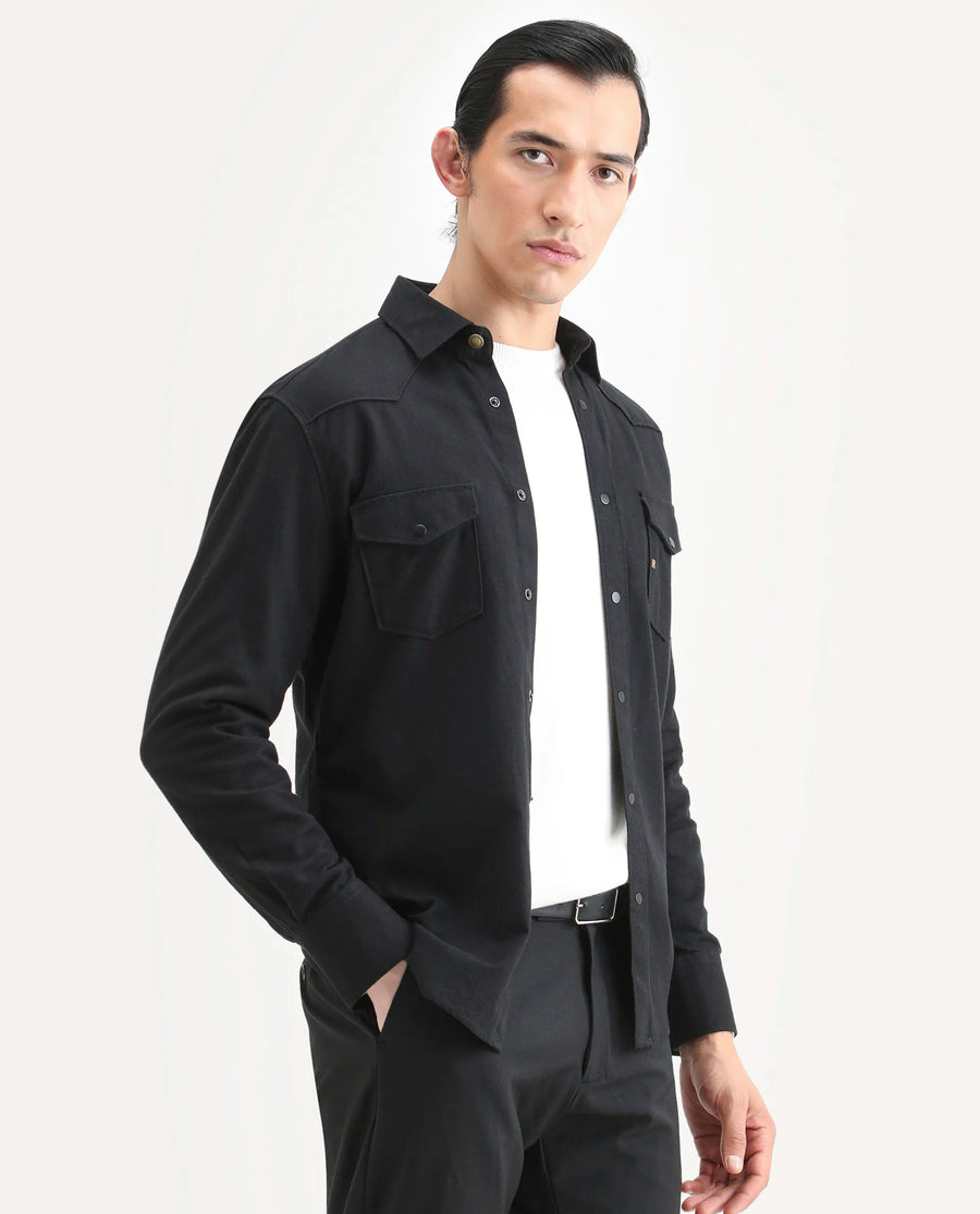 Rare Rabbit Men's Taison-25 Black Cotton Plain Regular Fit Full Sleeve Collared Shirt