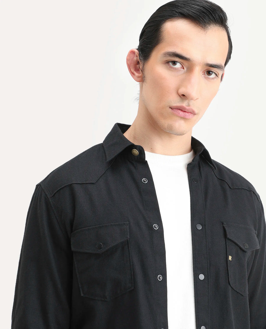 Rare Rabbit Men's Taison-25 Black Cotton Plain Regular Fit Full Sleeve Collared Shirt