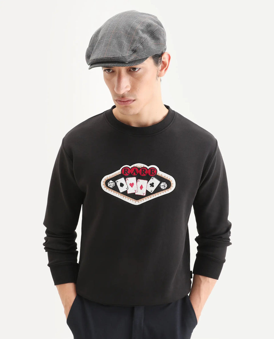 Rare Rabbit Men's Acer Black Cotton Blend Embroidered Relaxed Fit Full Sleeve Crew Neck Sweatshirt