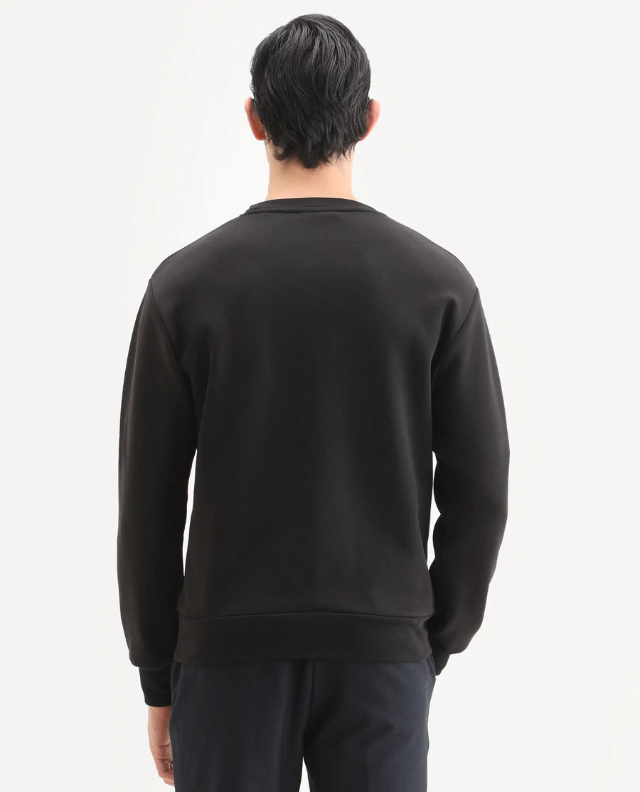 Rare Rabbit Men's Acer Black Cotton Blend Embroidered Relaxed Fit Full Sleeve Crew Neck Sweatshirt