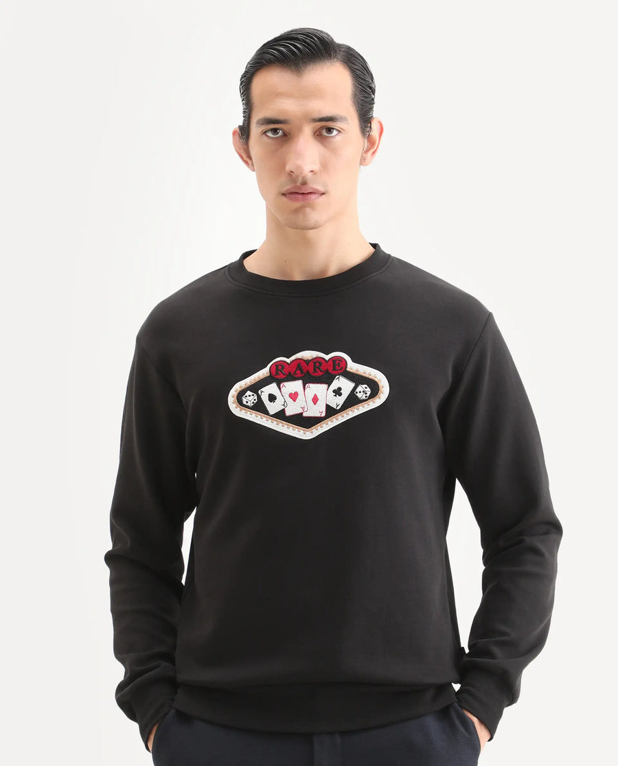 Rare Rabbit Men's Acer Black Cotton Blend Embroidered Relaxed Fit Full Sleeve Crew Neck Sweatshirt