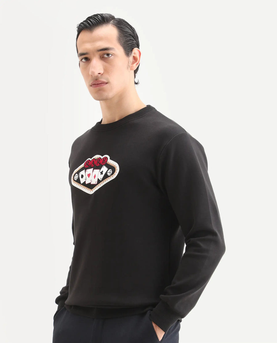 Rare Rabbit Men's Acer Black Cotton Blend Embroidered Relaxed Fit Full Sleeve Crew Neck Sweatshirt