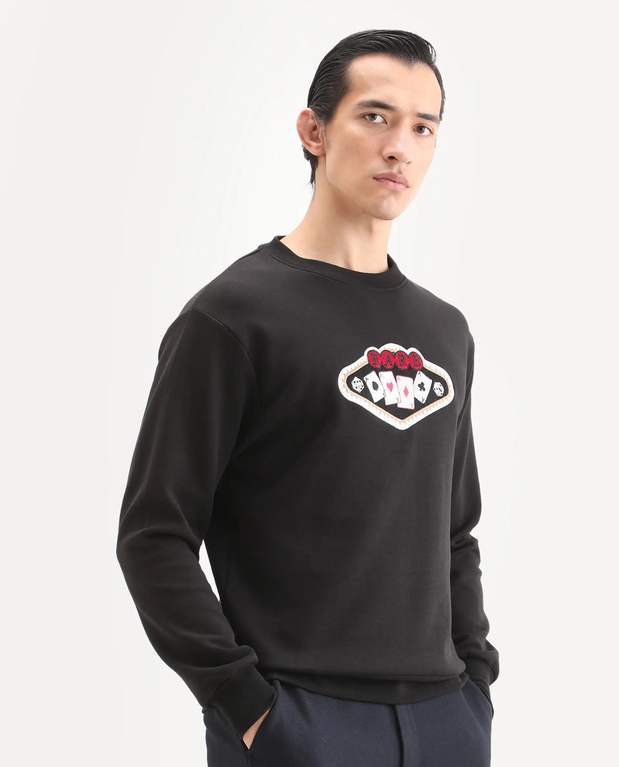 Rare Rabbit Men's Acer Black Cotton Blend Embroidered Relaxed Fit Full Sleeve Crew Neck Sweatshirt