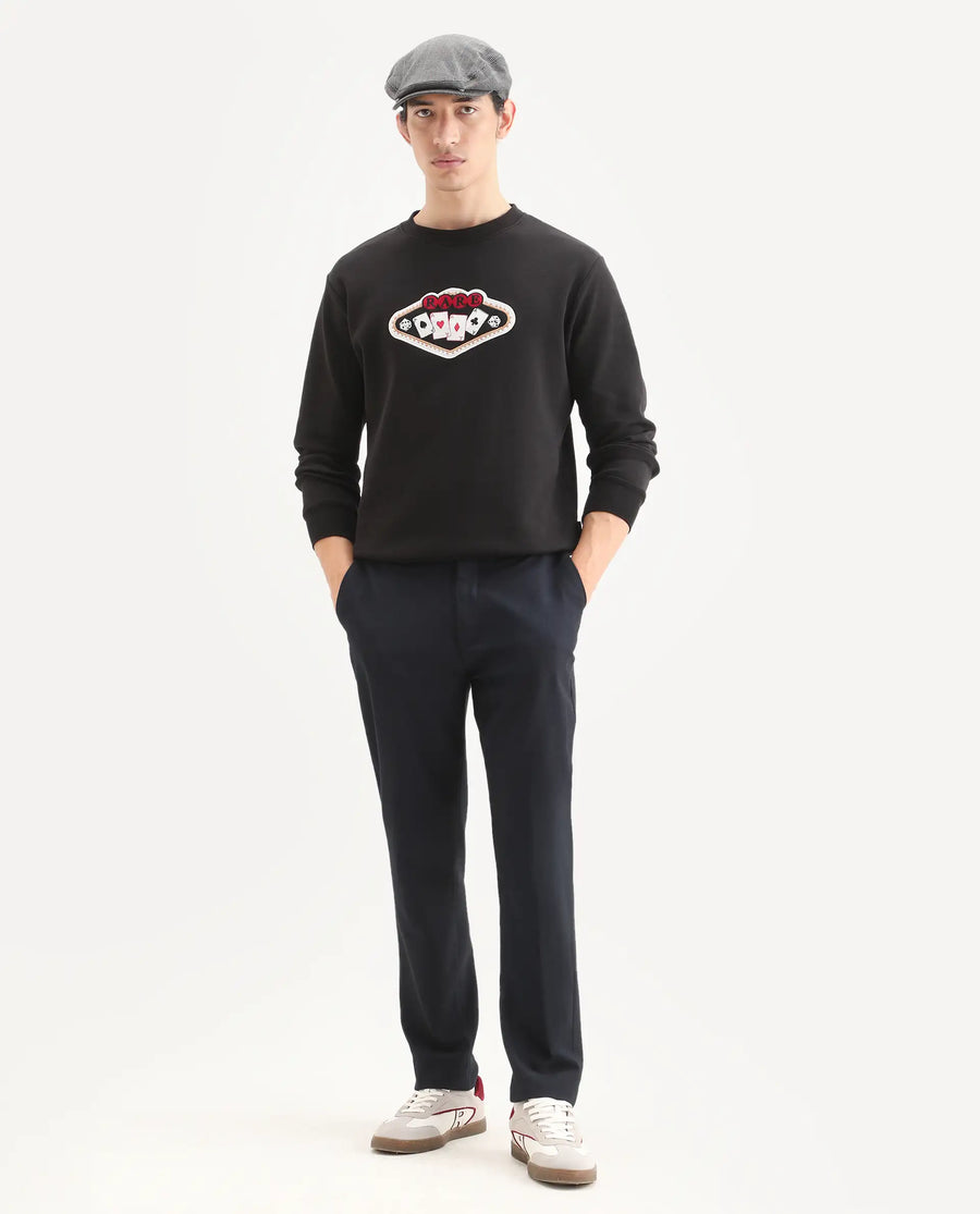 Rare Rabbit Men's Acer Black Cotton Blend Embroidered Relaxed Fit Full Sleeve Crew Neck Sweatshirt