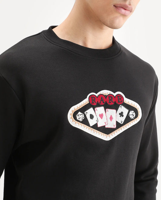 Rare Rabbit Men's Acer Black Cotton Blend Embroidered Relaxed Fit Full Sleeve Crew Neck Sweatshirt