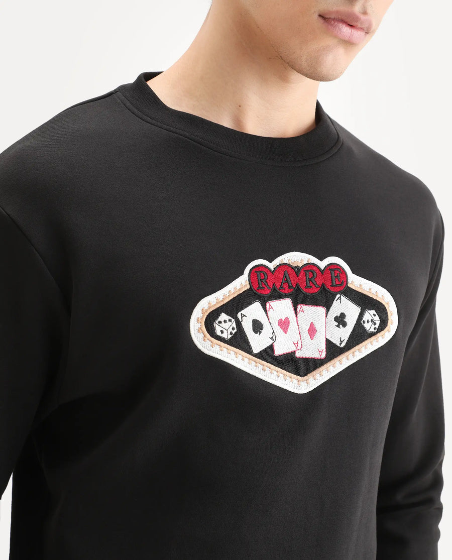 Rare Rabbit Men's Acer Black Cotton Blend Embroidered Relaxed Fit Full Sleeve Crew Neck Sweatshirt