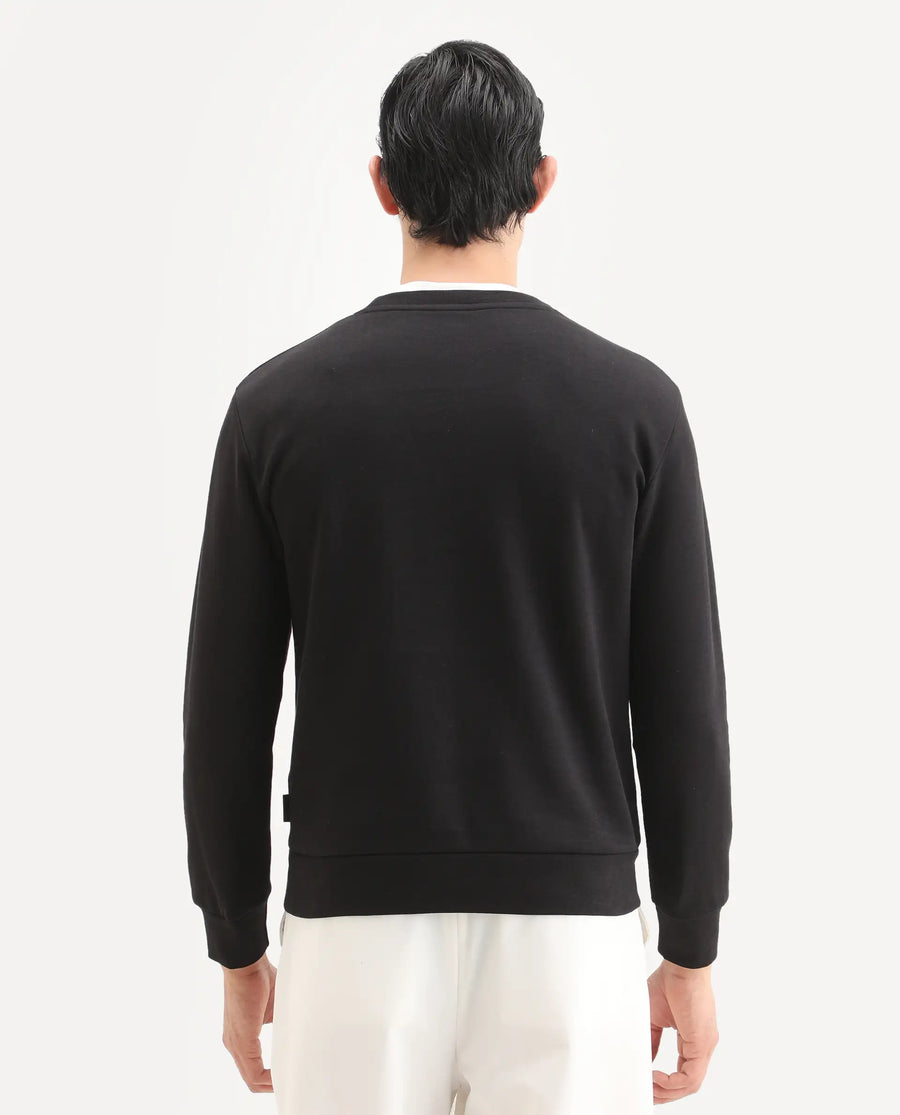 Rare Rabbit Men's Badget-25 Black Cotton Blend Badge Print Regular Fit Full Sleeve Crew Neck Sweatshirt