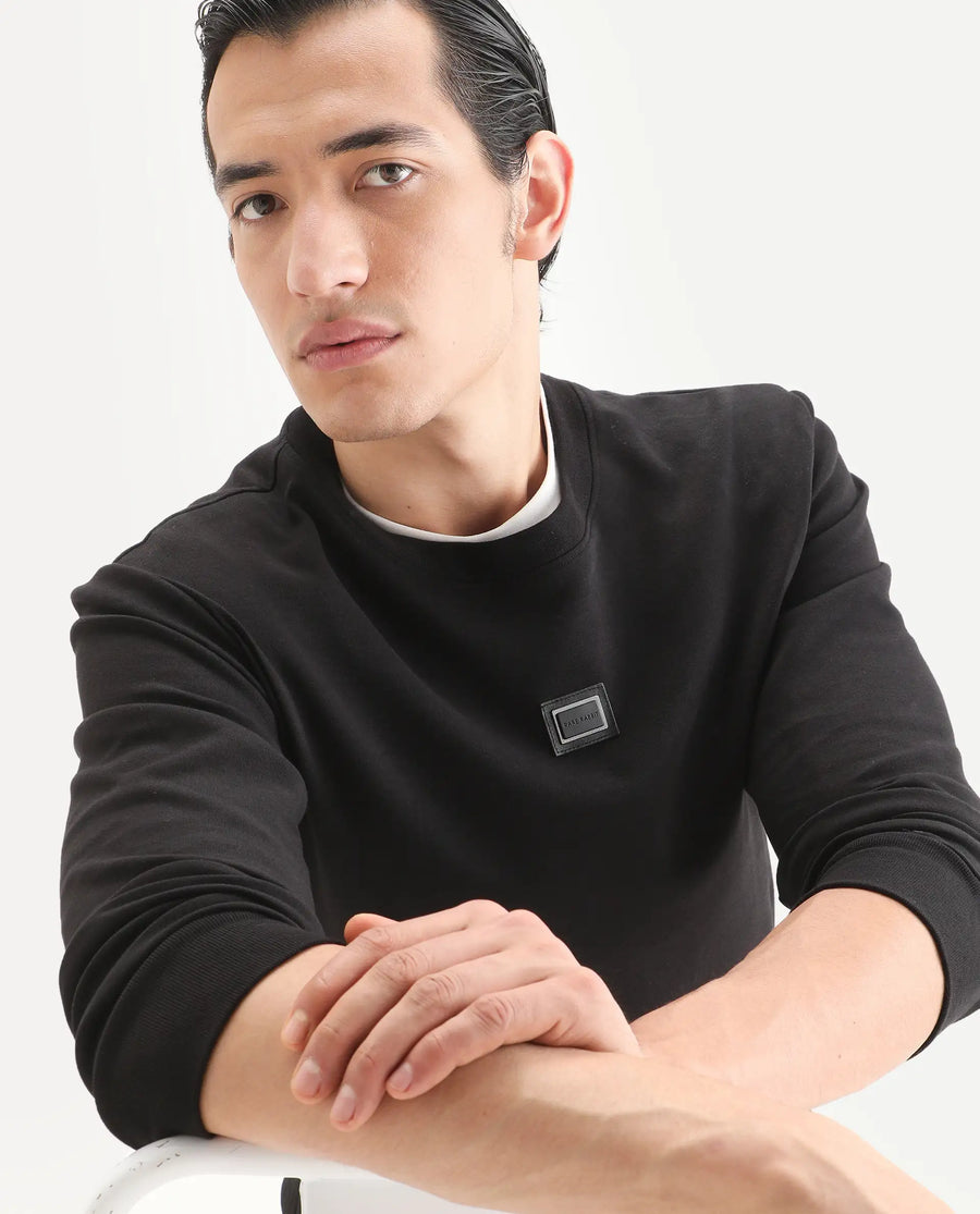 Rare Rabbit Men's Badget-25 Black Cotton Blend Badge Print Regular Fit Full Sleeve Crew Neck Sweatshirt